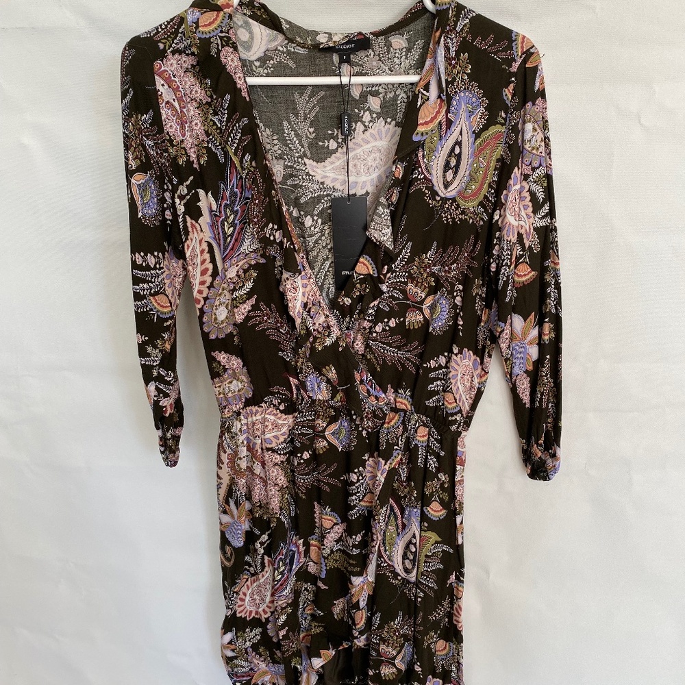 Studio F brand patterned black dress. Size 8. New with tags.